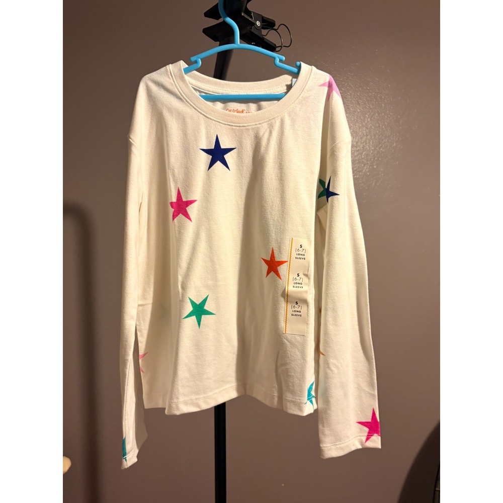 Cat & Jack White Long Sleeve T Shirt with Multi Color‎ Stars Sz S (6/7)
